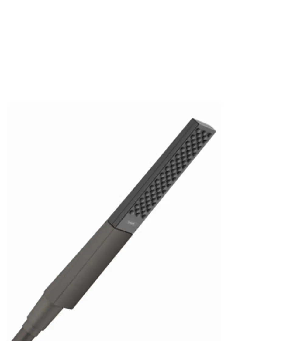 Schmale Handbrause in Brushed Black Chrome von Hansgrohe mit strukturiertem Griff und einem Düsenfeld für einen gleichmäßigen Wasserstrahl.